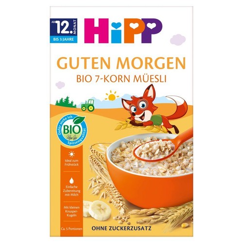 Opakowanie HiPP BIO 7-zbożowe musli dla dzieci 12m-3 lata. Idealne na śniadanie, z chrupiącymi kuleczkami. Bez cukru.