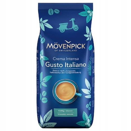 Opakowanie kawy Mövenpick Crema Intensa Gusto Italiano. Niebieskie tło, grafiki liści, ziaren kawy, skutera i filiżanki.