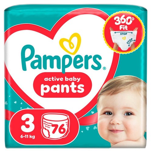 Opakowanie pieluchomajtek Pampers Active Baby Pants, rozmiar 3 (6-11 kg), 76 sztuk. Na opakowaniu uśmiechnięte dziecko.