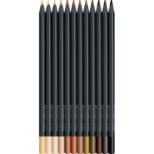 Zestaw 12 kredek Faber-Castell Black Edition "Skin Tones" w czarnym opakowaniu. Kredki mają super miękkie grafity i są przeznaczone do rysowania różnych odcieni skóry. Produkt neutralny dla klimatu, drewno pochodzi ze zrównoważonej gospodarki leśnej.