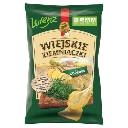 Opakowanie chipsów ziemniaczanych Lorenz Wiejskie Ziemniaczki, smak koperek. Produkt bez glutenu i oleju palmowego.