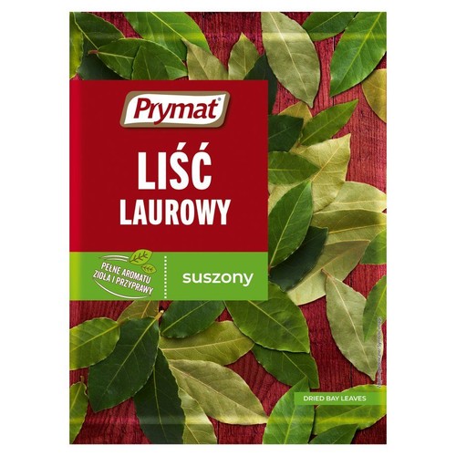 Opakowanie Prymat Liść Laurowy suszony. Czerwono-zielona torebka z napisem "Pełne aromatu zioła i przyprawy".