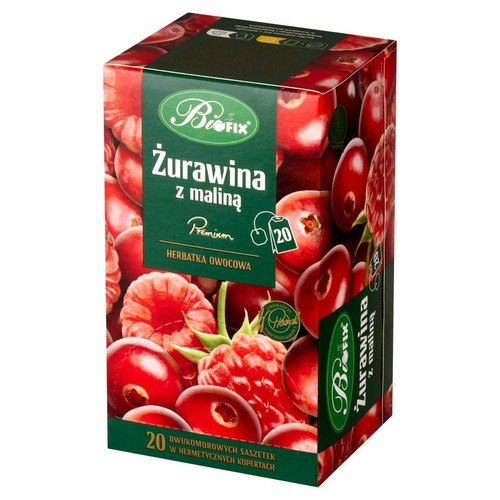 Herbatka owocowa BioFix Premium Żurawina z maliną w kartonowym opakowaniu. Na pudełku czerwone owoce. 20 saszetek.
