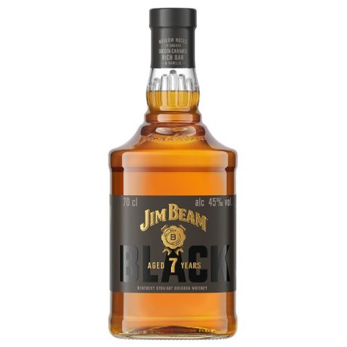 Butelka Jim Beam Black Aged 7 Years, 700 ml, 45% alkoholu. Etykieta czarna ze złotym napisem.