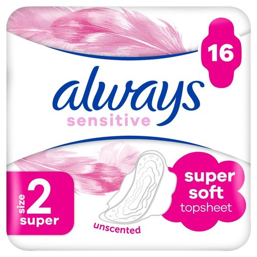 Always Sensitive podpaski, rozmiar 2 Super, 16 sztuk. Bezzapachowe, super miękka warstwa wierzchnia.