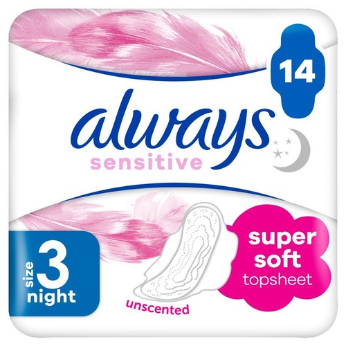 Opakowanie podpasek Always Sensitive, 14 sztuk. Rozmiar 3, na noc. Bezzapachowe.