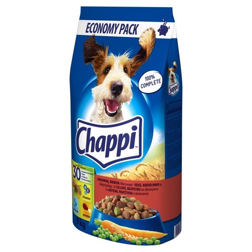 Opakowanie karmy Chappi dla psa, z wołowiną i drobiem, 9 kg. Niebieska torba z wizerunkiem psa i miską karmy.