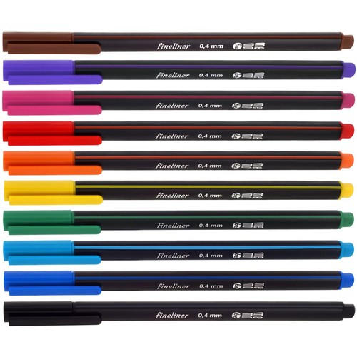 Zestaw 10 cienkopisów fineliner 0,4 mm w różnych kolorach: brązowym, fioletowym, różowym, czerwonym, pomarańczowym, żółtym, zielonym, jasnoniebieskim, ciemnoniebieskim i czarnym.