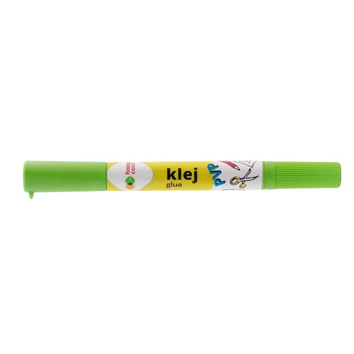 Zielony klej w sztyfcie z żółtą etykietą. Na etykiecie napis "klej glue" i logo "happy color".