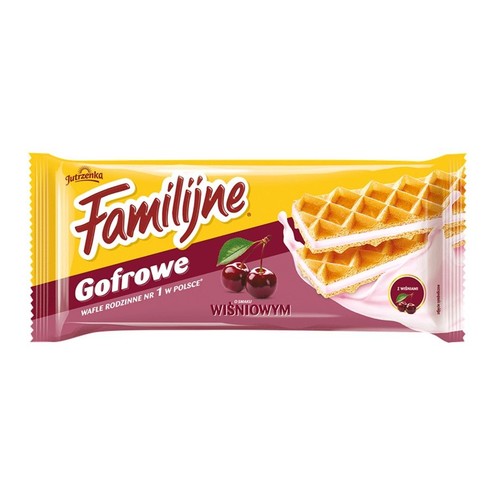 Opakowanie wafli Jutrzenka Familijne Gofrowe o smaku wiśniowym. Na opakowaniu grafika wafli z kremem i wiśni.