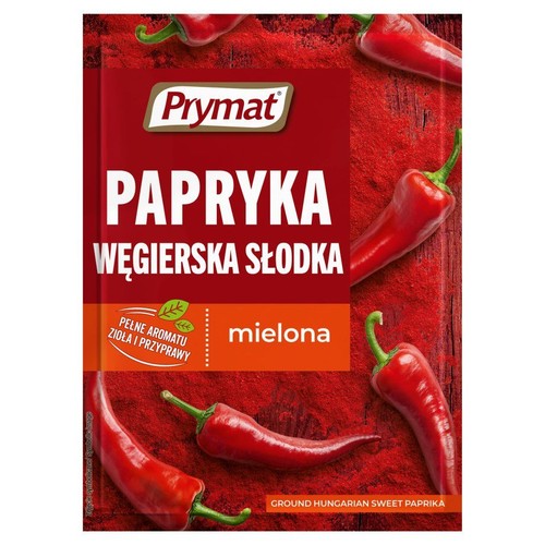 Opakowanie Prymat Papryka Węgierska Słodka mielona. Czerwone tło z papryczkami chili i proszkiem paprykowym.