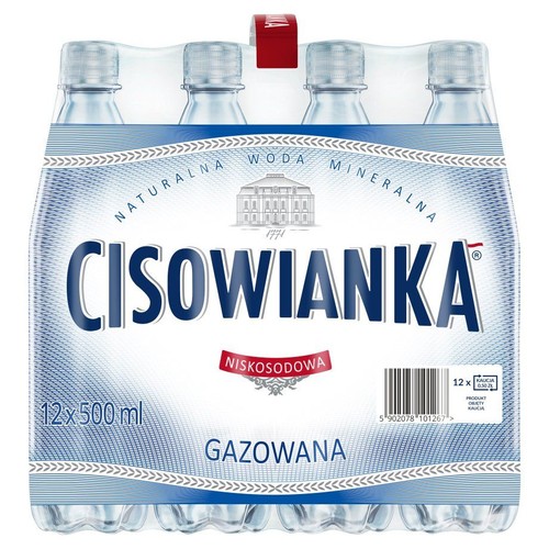 Opakowanie zbiorcze 12 butelek naturalnej wody mineralnej Cisowianka gazowanej, niskosodowej. Każda butelka ma pojemność 500 ml, co daje łącznie 6 litrów. Na etykiecie widnieje nazwa marki, rok 1774 i ilustracja pałacu.