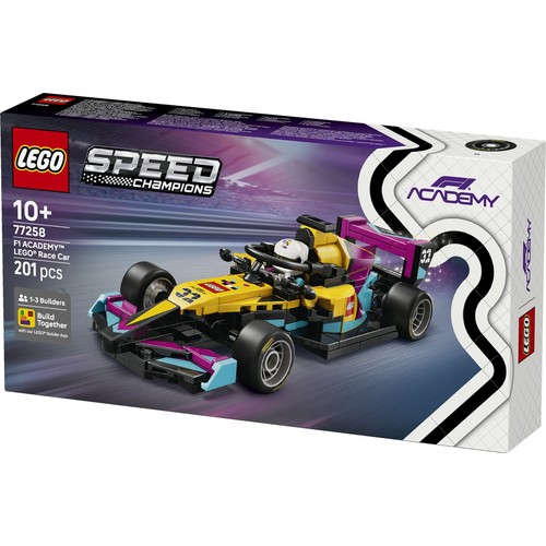 Zestaw klocków LEGO 77258 F1 Academy Race Car. Na pudełku widoczny złożony model bolidu w barwach żółtych, fioletowych i turkusowych, z numerem 33. Zestaw zawiera 201 elementów i jest dla wieku 10+.