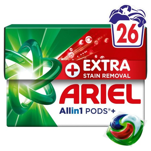 Opakowanie kapsułek do prania Ariel Allin1 PODS+ Extra Stain Removal, 26 sztuk. Na pudełku zielono-czerwony wzór i grafika kapsułki.