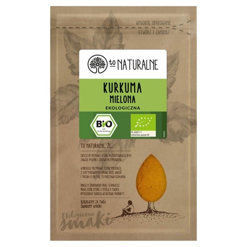 Opakowanie ekologicznej kurkumy mielonej marki To Naturalne. Brązowa torebka z zieloną etykietą i certyfikatem BIO.