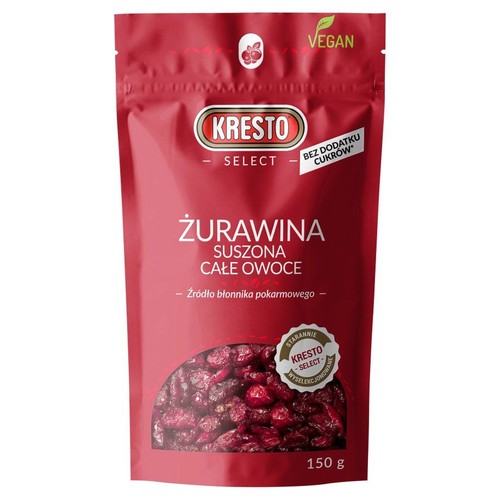 Kresto Select Żurawina Suszona Całe Owoce, 150g, w czerwonej torebce z logo Vegan. Produkt bez dodatku cukrów, będący źródłem błonnika pokarmowego. Przezroczyste okienko pokazuje suszone owoce.