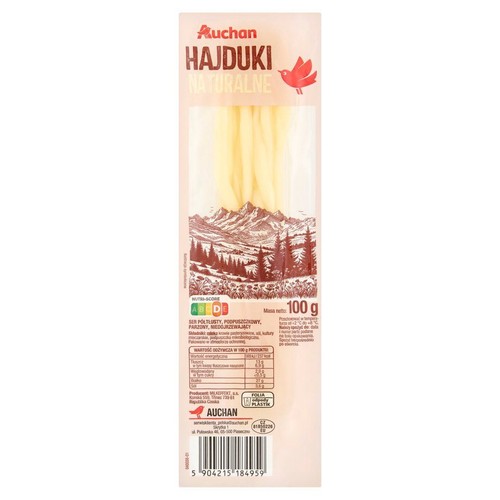 Opakowanie sera Auchan Hajduki Naturalne, 100g. W środku widoczne jasne paluszki sera. Na etykiecie góry i ptak.