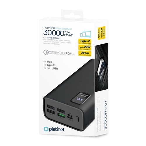 Powerbank 30000mAh Polymer PD 20W QC 3.0 z wyświetlaczem LED Platinet 1 sztuka