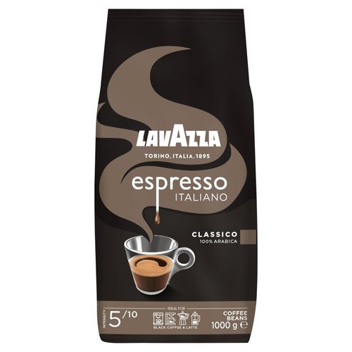 Czarna paczka kawy Lavazza Espresso Italiano Classico, 100% Arabica, ziarna, 1 kg. Intensywność 5/10. Grafika filiżanki espresso.