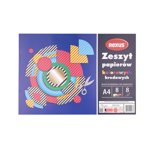 Zeszyt REXUS z 8 arkuszami kolorowych papierów kredowych w 8 barwach, format A4. Przeznaczony do dekoracji i prac manualnych. Okładka przedstawia abstrakcyjny wzór z kół, półkoli i pasków, z nożyczkami.
