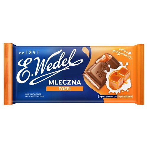 Czekolada mleczna E.Wedel z nadzieniem toffi, zapakowana w folię w kolorach niebieskim i pomarańczowym. Na opakowaniu widoczna jest ilustracja przedstawiająca przełamaną czekoladę z widocznym nadzieniem karmelowym oraz kostki toffi.