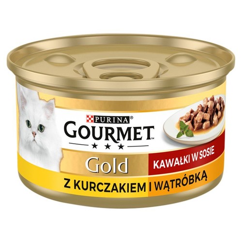 Puszka karmy dla kota Purina Gourmet Gold, kawałki w sosie z kurczakiem i wątróbką. Na etykiecie biały kot.