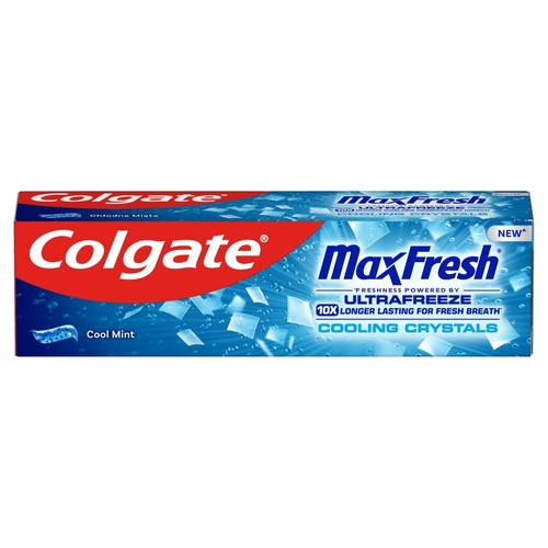 Pasta do zębów Colgate MaxFresh o smaku chłodnej mięty. Zapewnia 10x dłuższą świeżość.