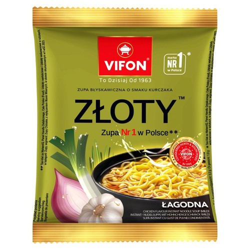 Opakowanie zupy błyskawicznej Vifon Złoty o smaku kurczaka, łagodna, 32g. Na grafice miska z makaronem, szczypiorkiem i cebulą.