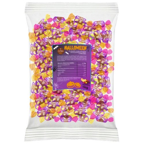 Opakowanie produktu: Przezroczysta torba z galaretkami Opolanki Halloween 1kg. Na etykiecie dynie i napis "Halloween".