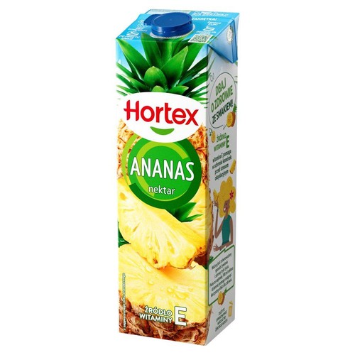 Nektar ananasowy Hortex w kartonowym opakowaniu. Widoczne plastry ananasa i informacja o witaminie E.