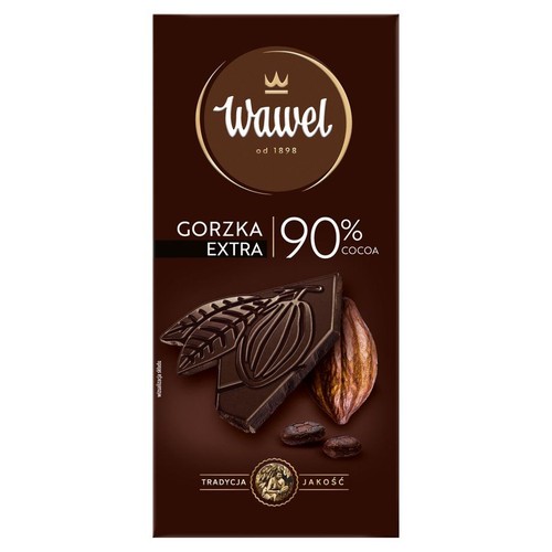 Ciemnobrązowe opakowanie czekolady Wawel Gorzka Extra 90% Cocoa. Na etykiecie widoczna grafika przedstawiająca kawałek ciemnej czekolady, strąk kakaowca oraz kilka ziaren kakaowca. Marka Wawel od 1898 roku.