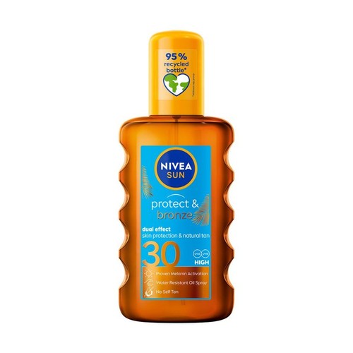 Olejek do opalania NIVEA Protect & Bronze SPF30 w przezroczystej, brązowej butelce z żółtym atomizerem. 200 ml.