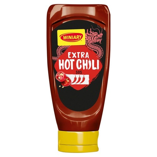 Czerwona butelka sosu Winiary Extra Hot Chili z żółtą nakrętką. Na etykiecie czerwony napis "EXTRA HOT CHILI SOS" i smoka.