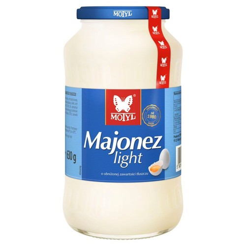 MOTYL Majonez light w szklanym słoiku, 630g. Niebieska etykieta z motylem i grafiką jajka. Majonez o obniżonej zawartości tłuszczu.