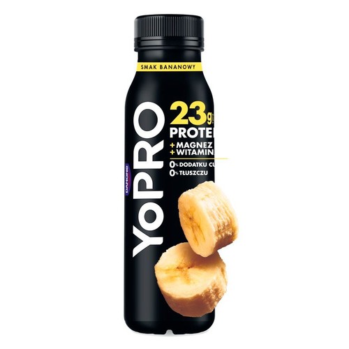 YoPRO Danone, napój białkowy bananowy. 23g białka, magnez, witaminy. 0% cukru i tłuszczu. Czarna butelka z grafiką banana.