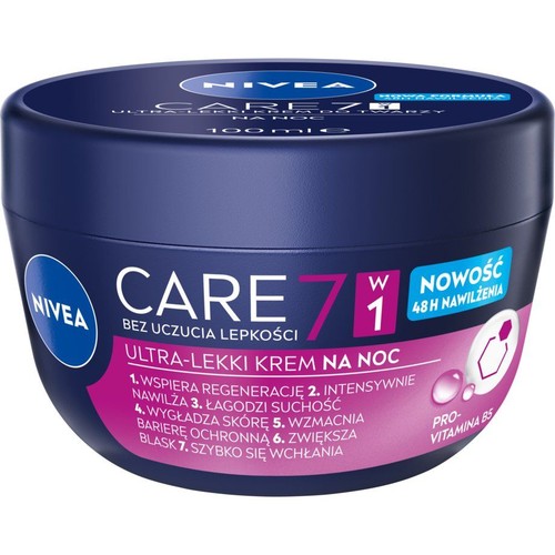 Nivea Care Ultra-Lekki Krem na Noc, 100 ml. Nowość z 48H nawilżeniem, bez uczucia lepkości.