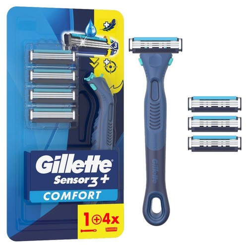 Zestaw do golenia Gillette Sensor3+ Comfort: maszynka z niebieską rączką i 5 głowicami z potrójnymi ostrzami.
