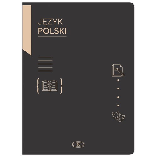 Okładka w kolorze granatowym z beżowymi elementami. Na górze widnieje napis "JĘZYK POLSKI". Zawiera grafiki symbolizujące naukę: otwartą książkę, dokument z ołówkiem oraz dwie maski teatralne. Na dole logo "AE".