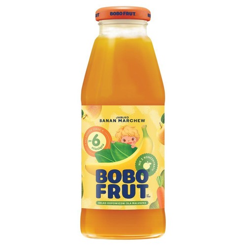 Sok Bobo Frut w szklanej butelce, smak jabłko, banan, marchew. Przeznaczony dla niemowląt powyżej 6 miesiąca życia.