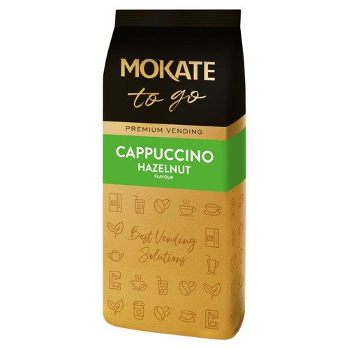Mokate to go Cappuccino Orzechowe w czarnym opakowaniu z zielonym paskiem. Produkt do automatów vendingowych.