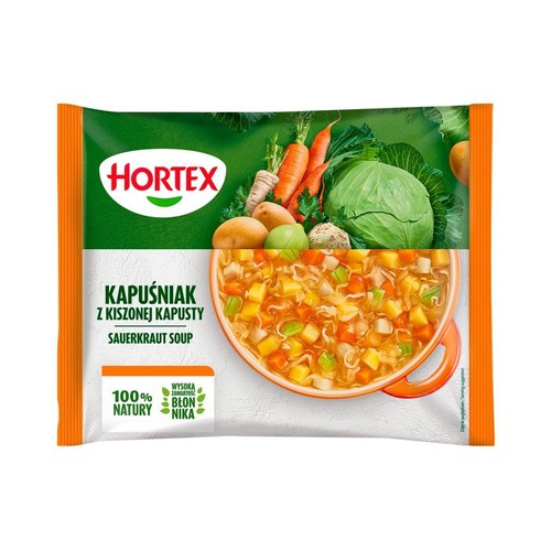 Opakowanie Hortex Kapuśniak z kiszonej kapusty. Na górze warzywa, na dole miska z zupą. 100% natury, wysoka zawartość błonnika.