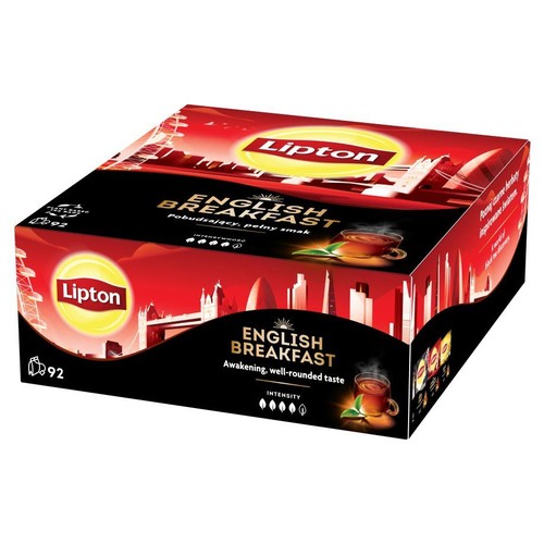 Pudełko herbaty Lipton English Breakfast, 92 torebki. Czerwono-czarne opakowanie z grafiką Londynu i filiżanką herbaty.