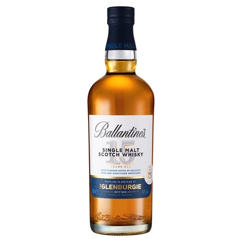 Ballantine's Single Malt Scotch Whisky 15 Years Old w szklanej butelce. Etykieta informuje o nutach smakowych delikatnej gruszki i miodu. Destylat z Glenburgie, Speyside. Zawartość alkoholu 40% objętości.