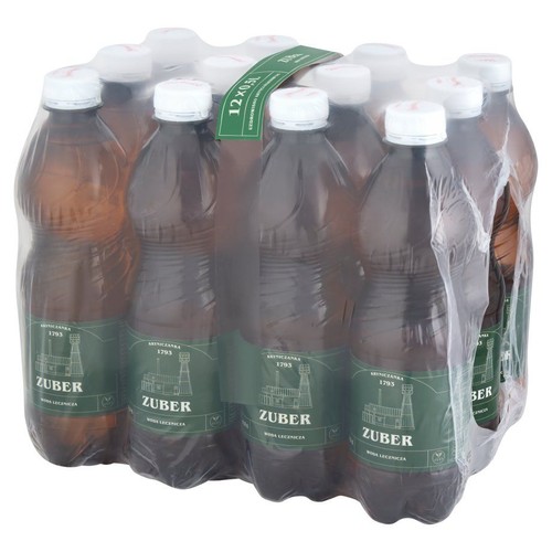 Zgrzewka 12 brązowych, plastikowych butelek wody leczniczej Zuber, każda o pojemności 500 ml. Łączna objętość to 6 litrów. Butelki mają zielone etykiety z napisem "Kryniczanka 1793" i grafiką budynku.