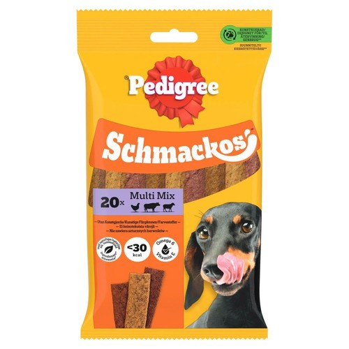 Żółta torebka Pedigree Schmackos 144g, 20 przysmaków dla psa. Na opakowaniu jamnik i trzy rodzaje smakołyków.