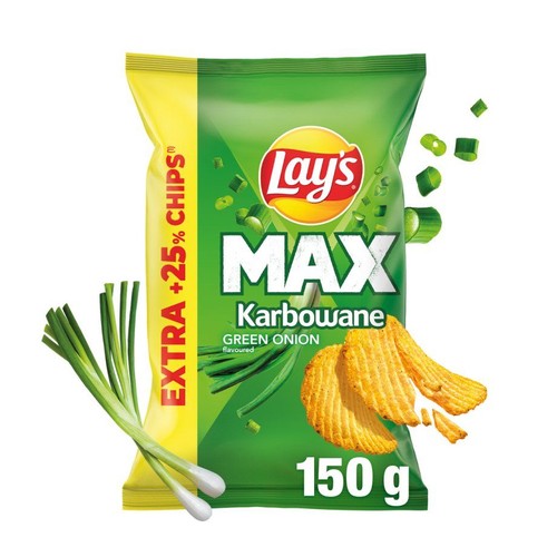 Chipsy Lay's MAX Karbowane Zielona Cebulka, 150 g. Zielono-żółte opakowanie z napisem "EXTRA +25% CHIPS".