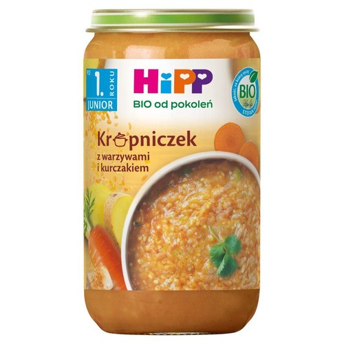 Słoik HiPP Krupniczek dla dzieci od 1. roku życia. Etykieta z napisem "BIO od pokoleń" i ilustracją zupy.