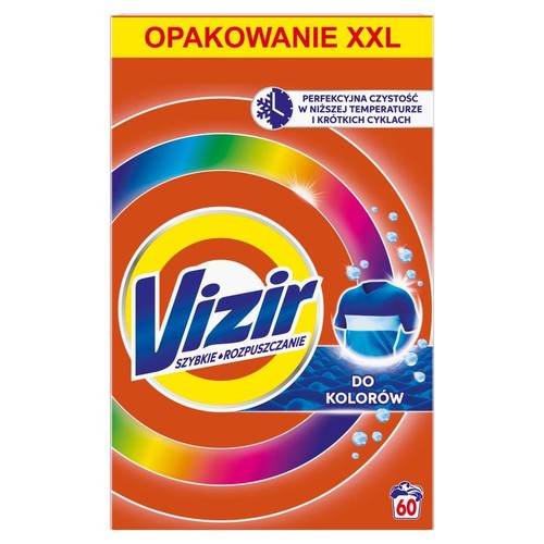 Opakowanie Vizir do kolorów, 60 prań. Szybkie rozpuszczanie, perfekcyjna czystość w niższych temperaturach. Format XXL.