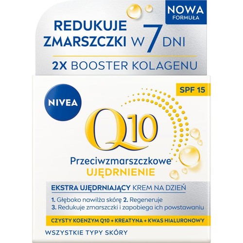 NIVEA Q10 Przeciwzmarszczkowe Ujędrnienie, Ekstra Ujędrniający Krem na Dzień z SPF 15. Nowa formuła redukuje zmarszczki w 7 dni, głęboko nawilża i regeneruje skórę. Zawiera czysty koenzym Q10, kreatynę i kwas hialuronowy.