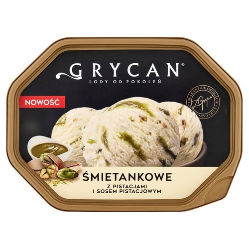 Grycan Lody Śmietankowe z pistacjami i sosem pistacjowym. Nowość. Na etykiecie gałki lodów i pistacje.